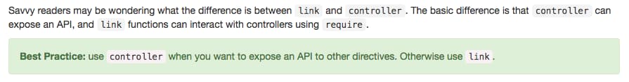 Screengrab of Angular's explanation of link vs controller in a directive