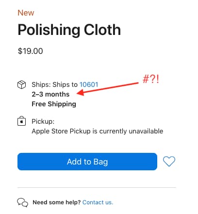 Screen grab of long shipping time for the in demand Apple Polishing Cloth