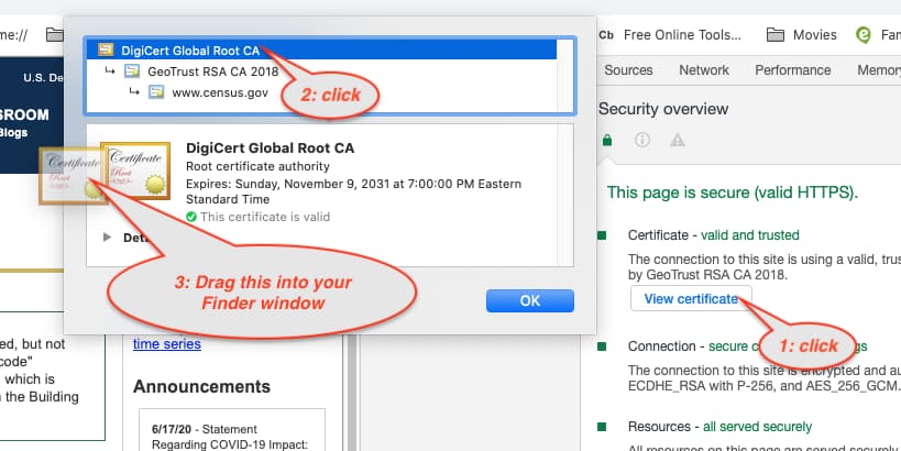 Screenshot with annotations indicating the steps needed to grab an SSL cert 